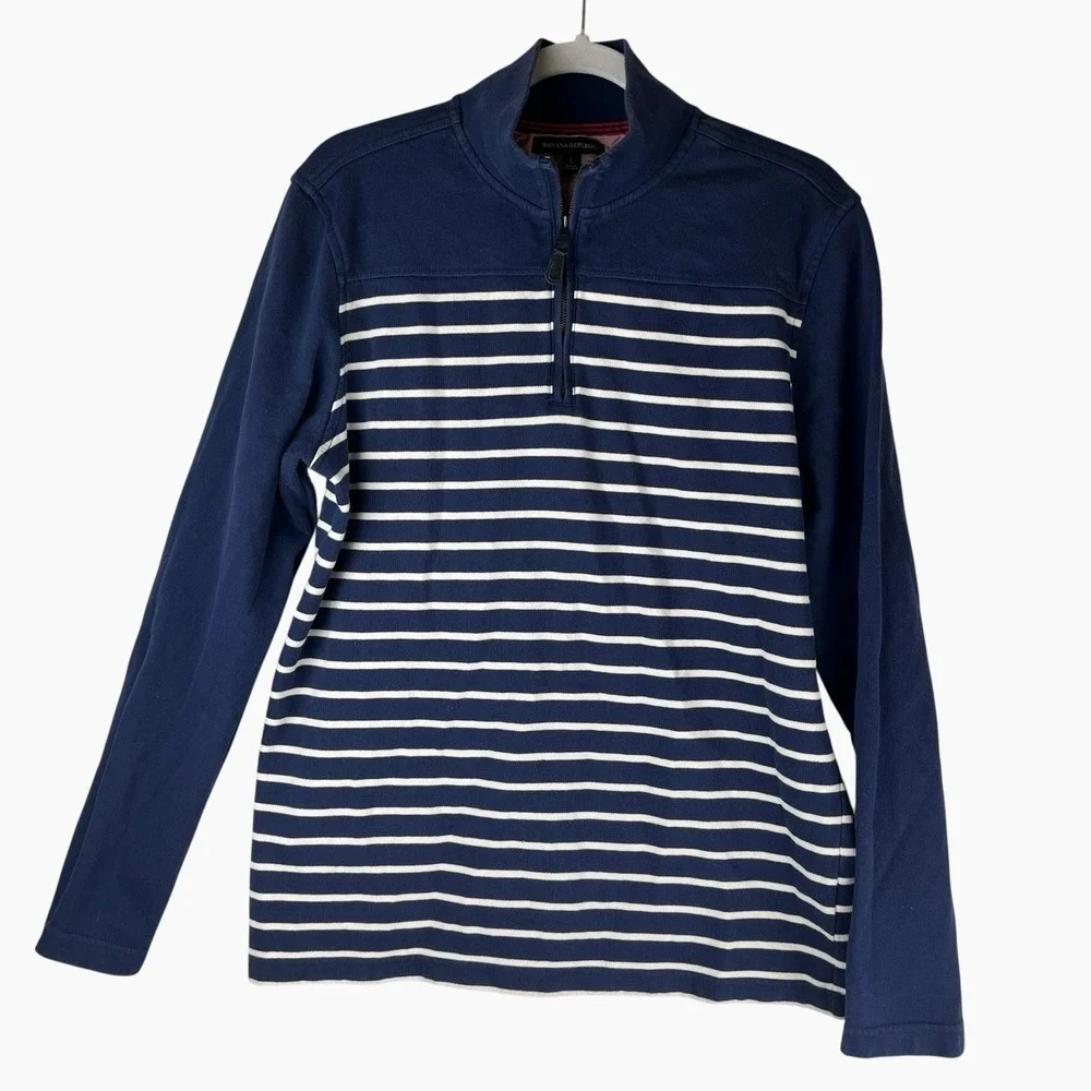 BANANA REPUBLIC 1/4 Zip Sweater Men's Large Blue Preppy Striped Nautical Cotton